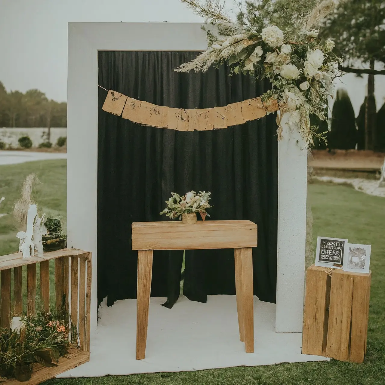 A modern instant photo booth with event decorations around it. 35mm stock photo