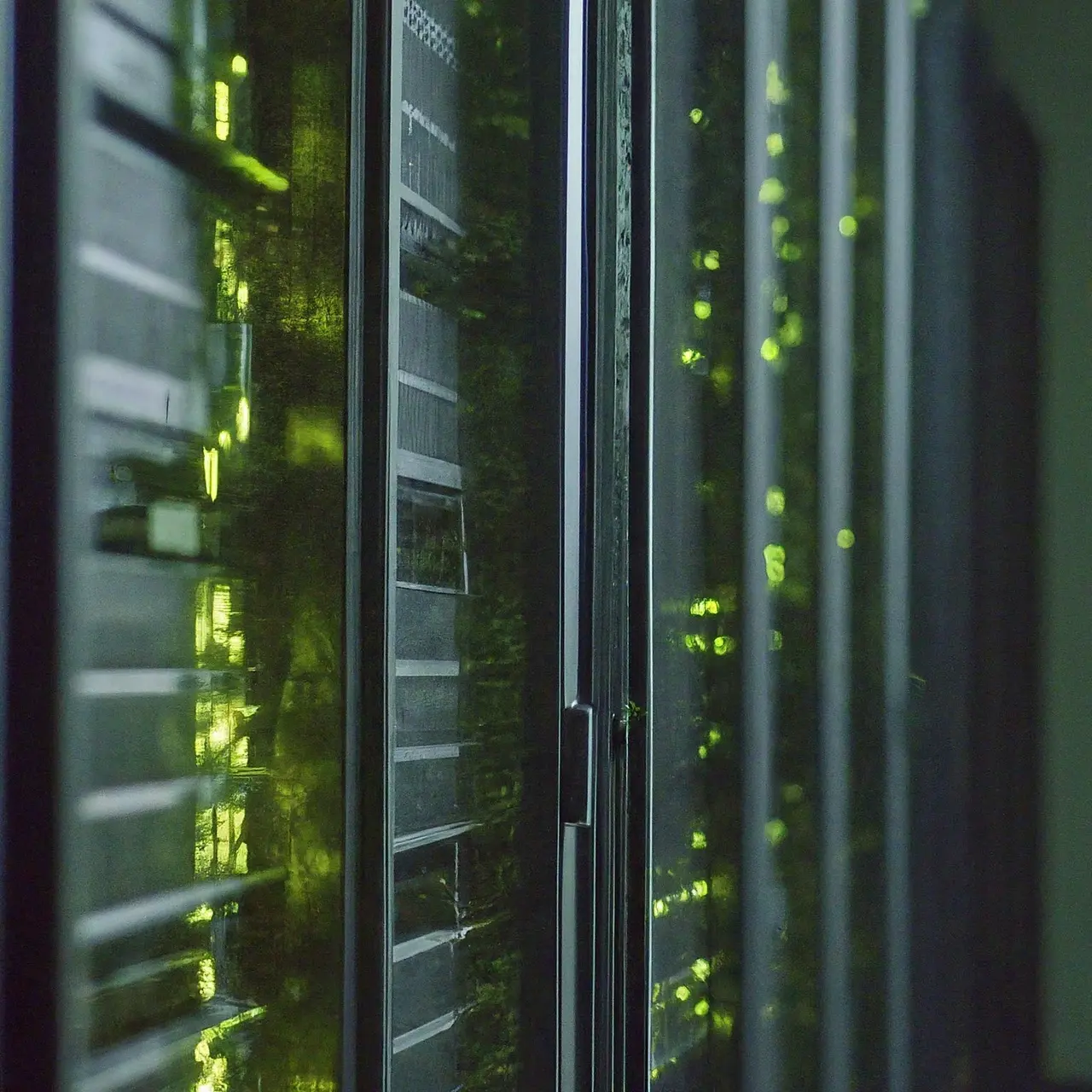 Server racks with glowing lights in a dark data center. 35mm stock photo