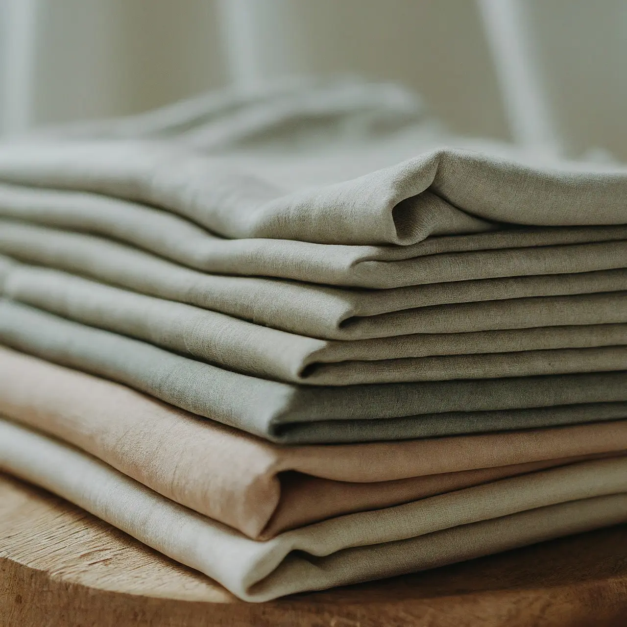 A stack of neatly folded organic linen fabrics. 35mm stock photo