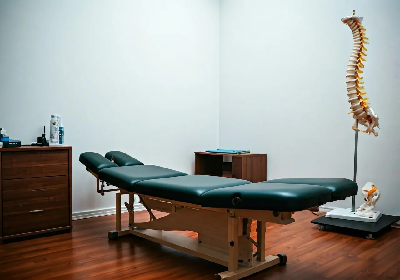 A chiropractor’s office with a spine model and adjustment table. 35mm stock photo