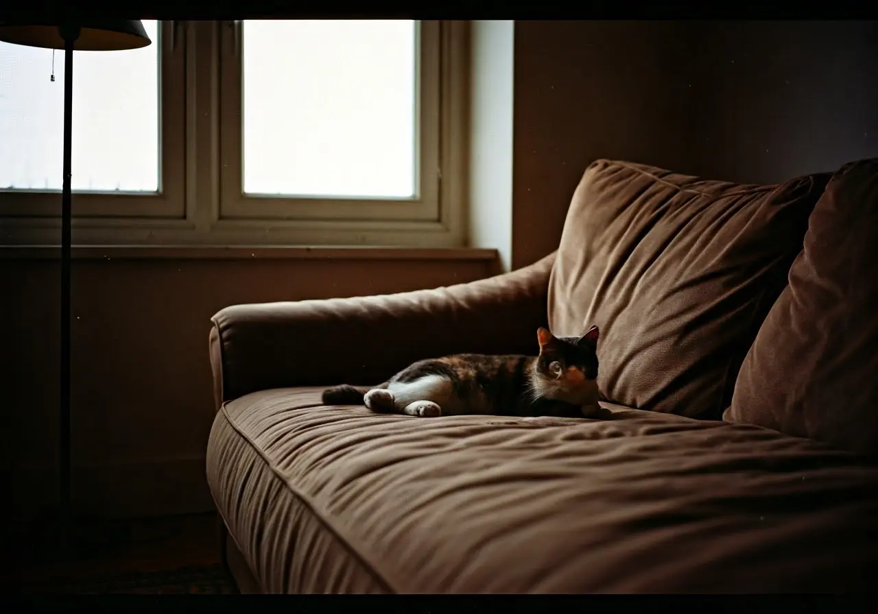 A cozy living room with a relaxed cat on a couch. 35mm stock photo