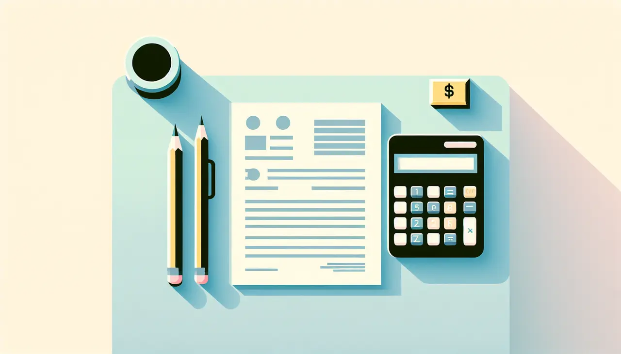 Draw a graphic in flat design style. A simplified flat design image of a calculator, bank statement, and pencil on a desk with a pastel background.