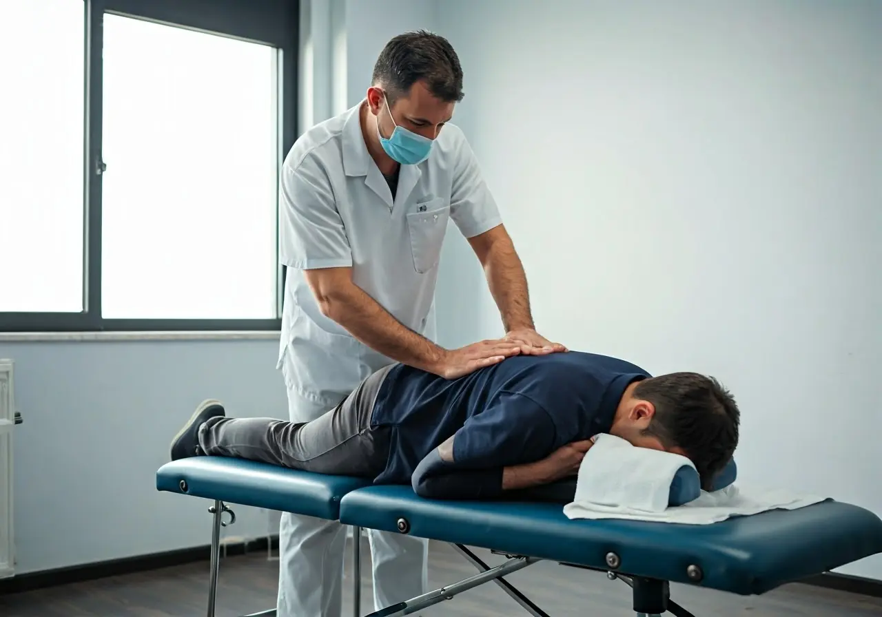 Chiropractor adjusting a patient’s back on a treatment table. 35mm stock photo