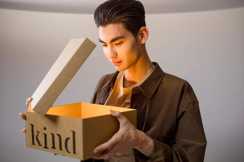 A man opens a cardboard box labeled ‘kind’ revealing a bright glow inside.