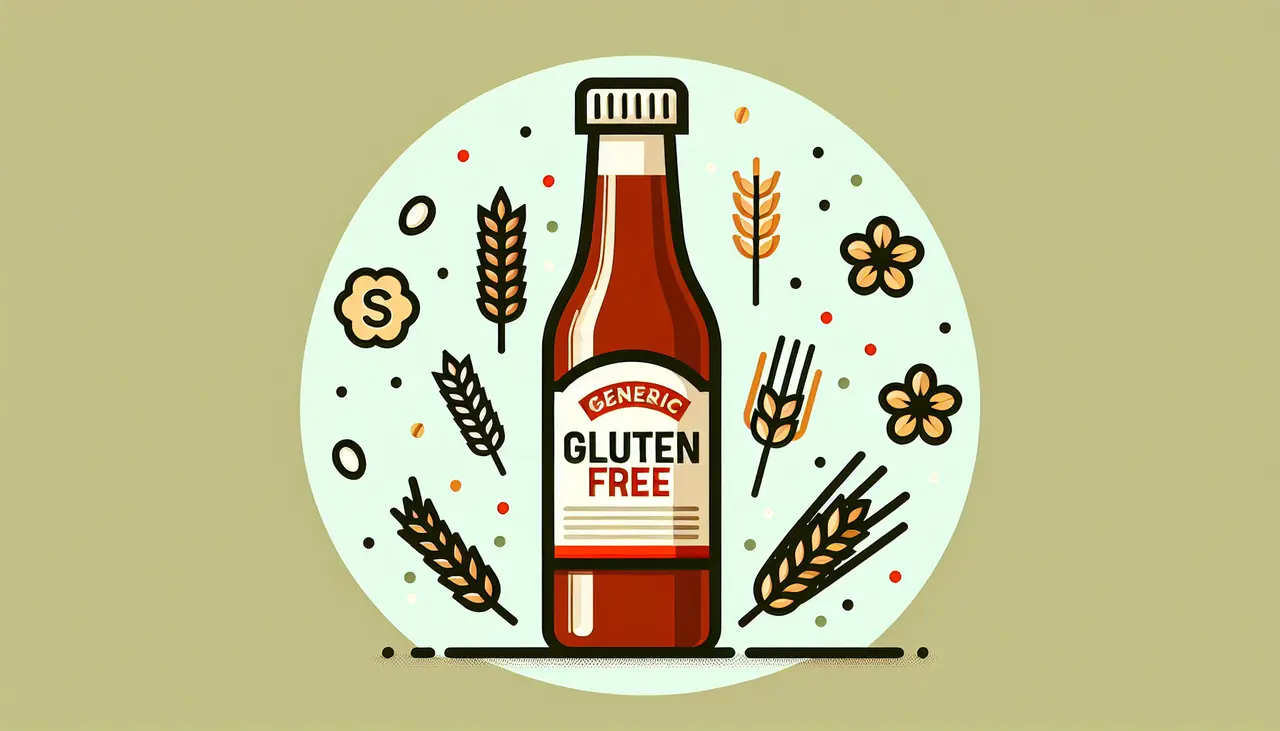 Draw a graphic in flat design style. Flat design illustration of a bottle of Harrisons sauce with a gluten-free label, surrounded by wheat-free grains; minimalistic and clean.