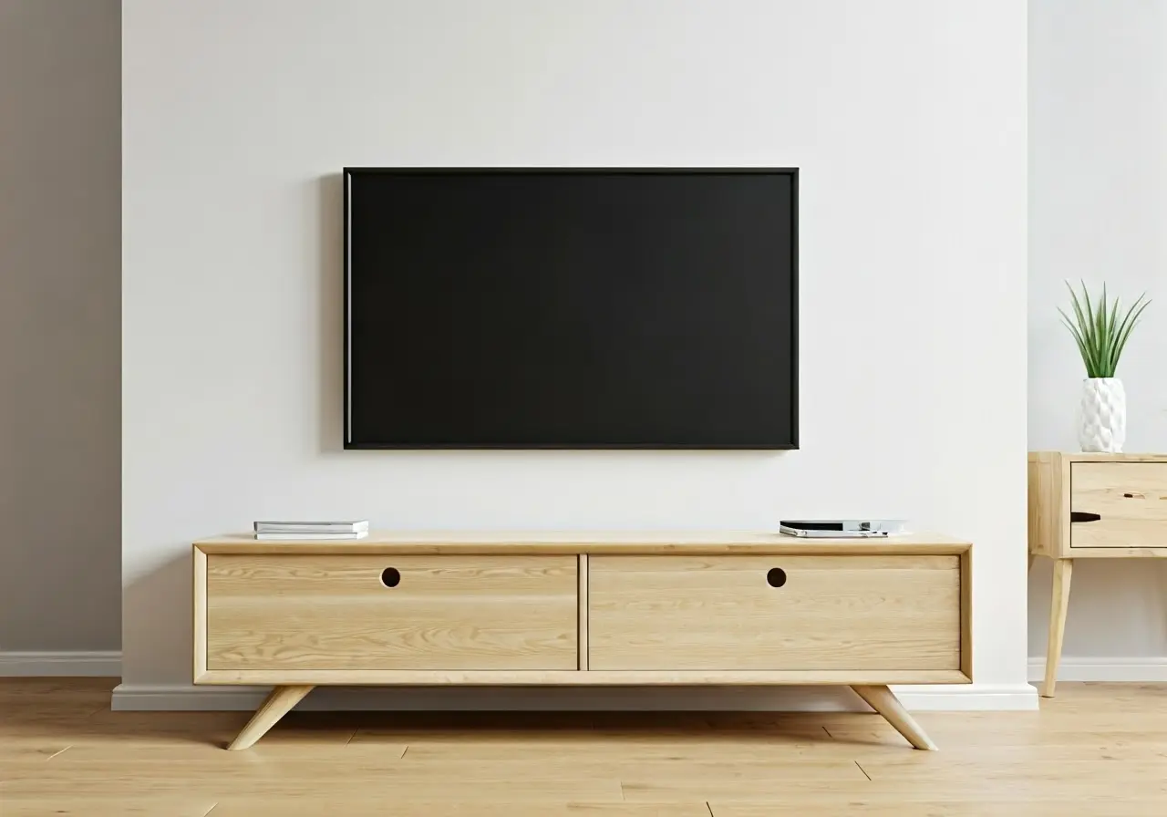 Flat-screen TV mounted on a modern living room wall. 35mm stock photo