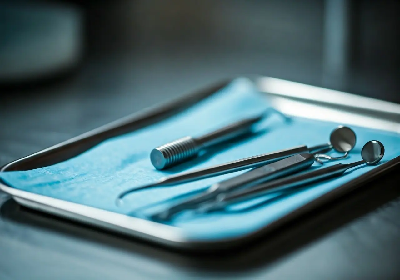 A close-up of dental implant tools on a sterile tray. 35mm stock photo