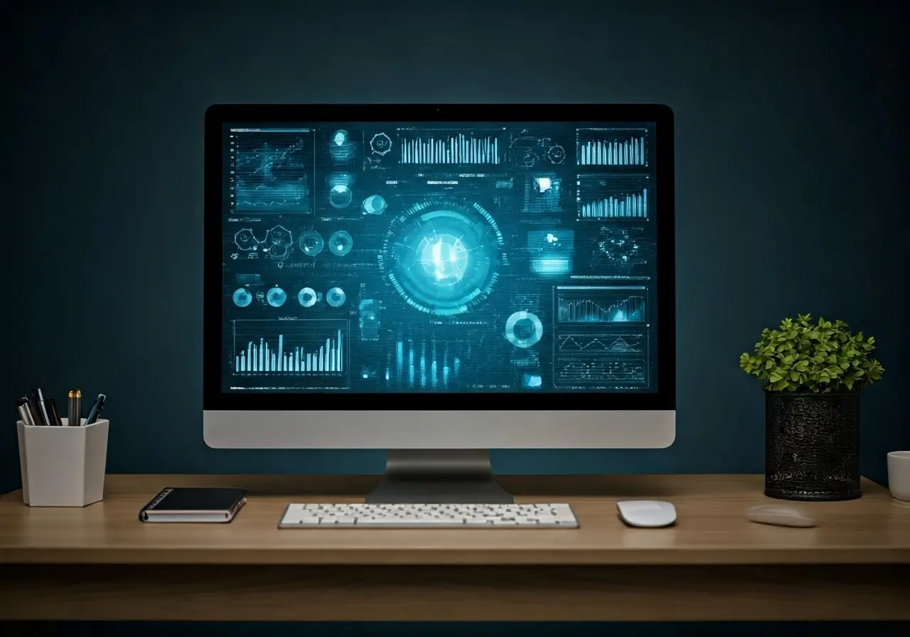 A modern office desk with a computer and technology gadgets. 35mm stock photo