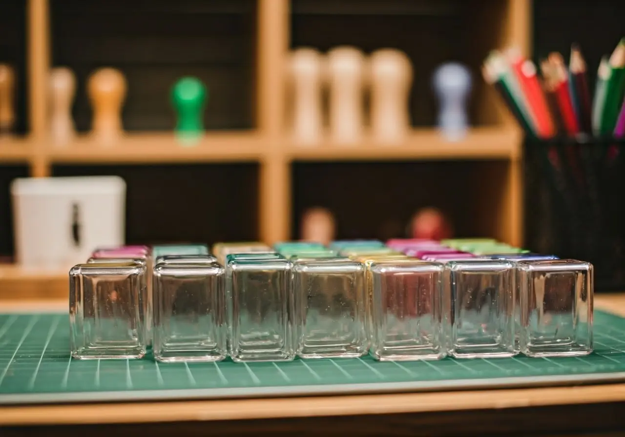 Colorful self-inking stampers arranged neatly on a crafting table. 35mm stock photo