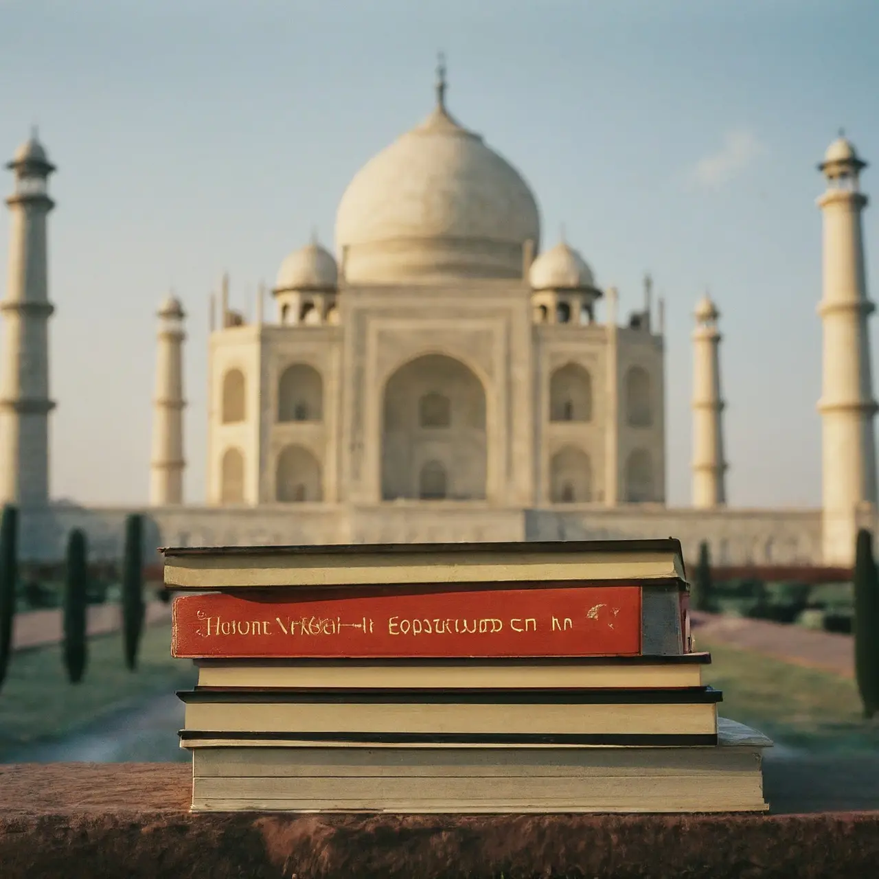 A stack of psychology books with the Taj Mahal background. 35mm stock photo