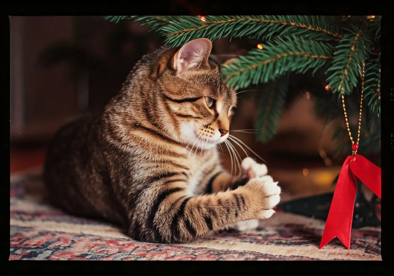 A cat playing with holiday decorations under a Christmas tree. 35mm stock photo