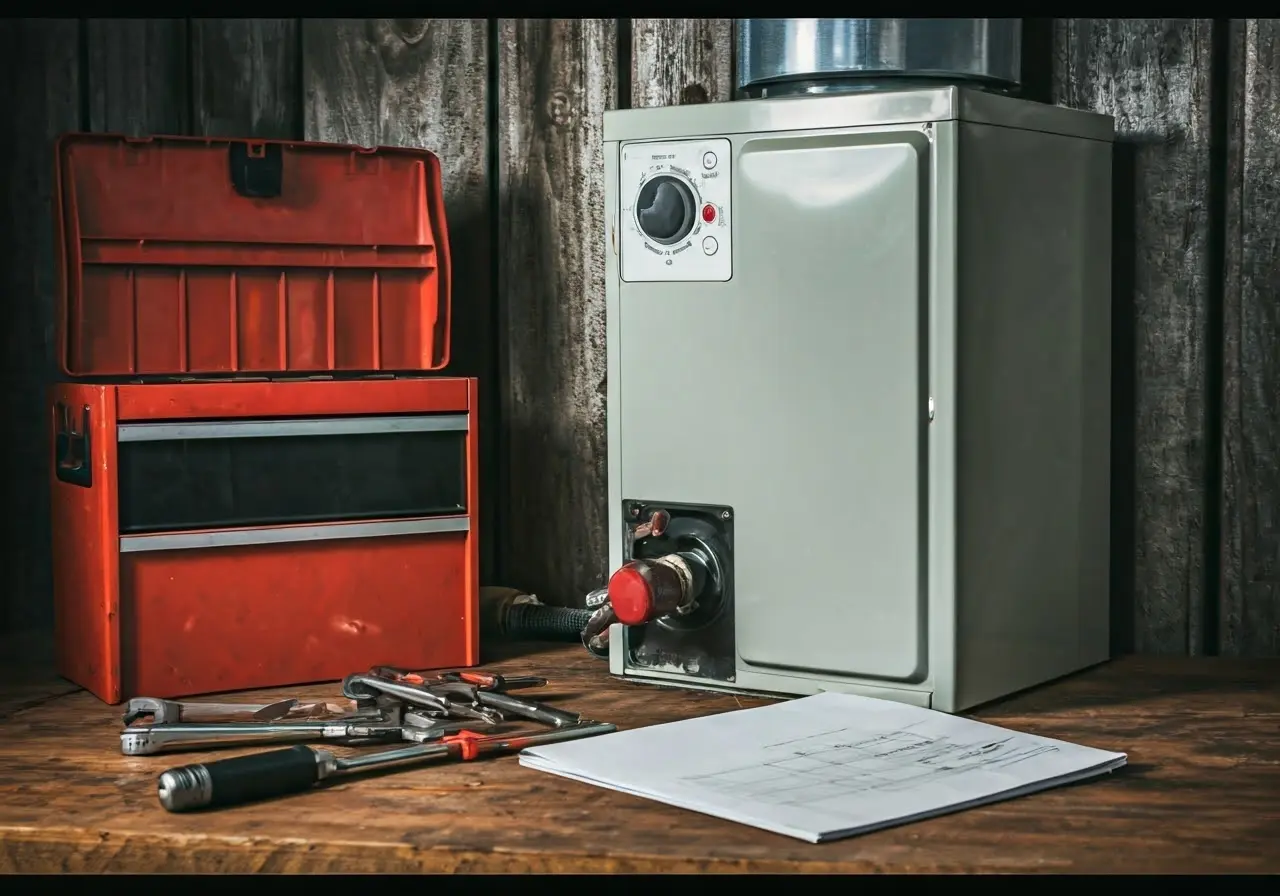 A toolbox and furnace with repair manual beside them. 35mm stock photo