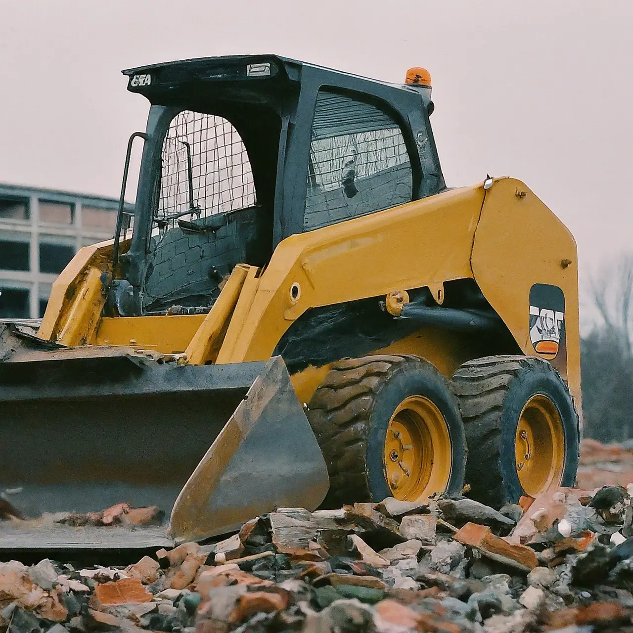 A bulldozer working on a demolition site with debris around. 35mm stock photo