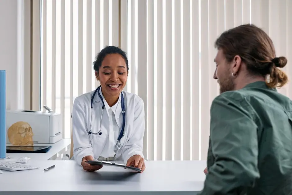 A doctor and patient engaging in a positive consultation in a bright clinic setting.