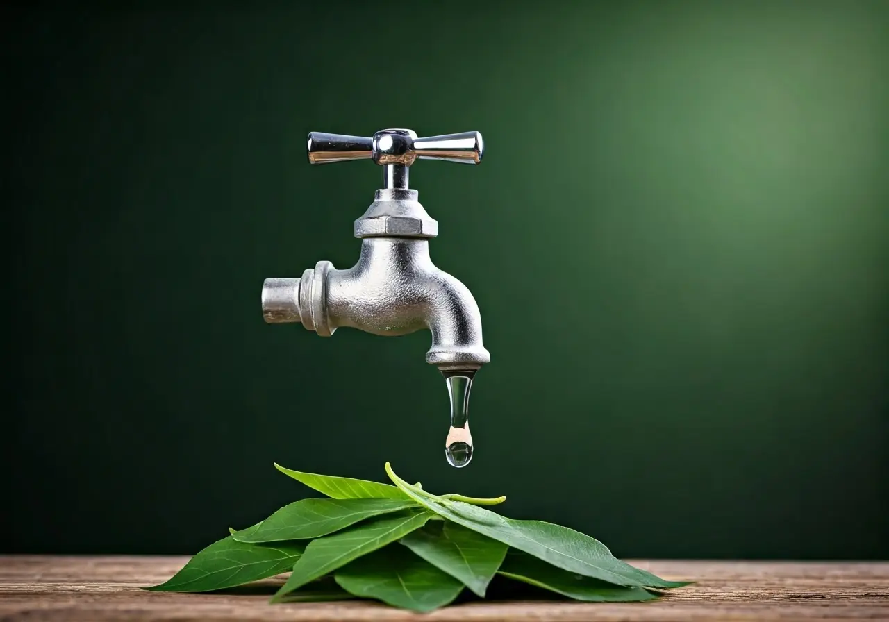 A dripping faucet with leaves around it symbolizing conservation. 35mm stock photo