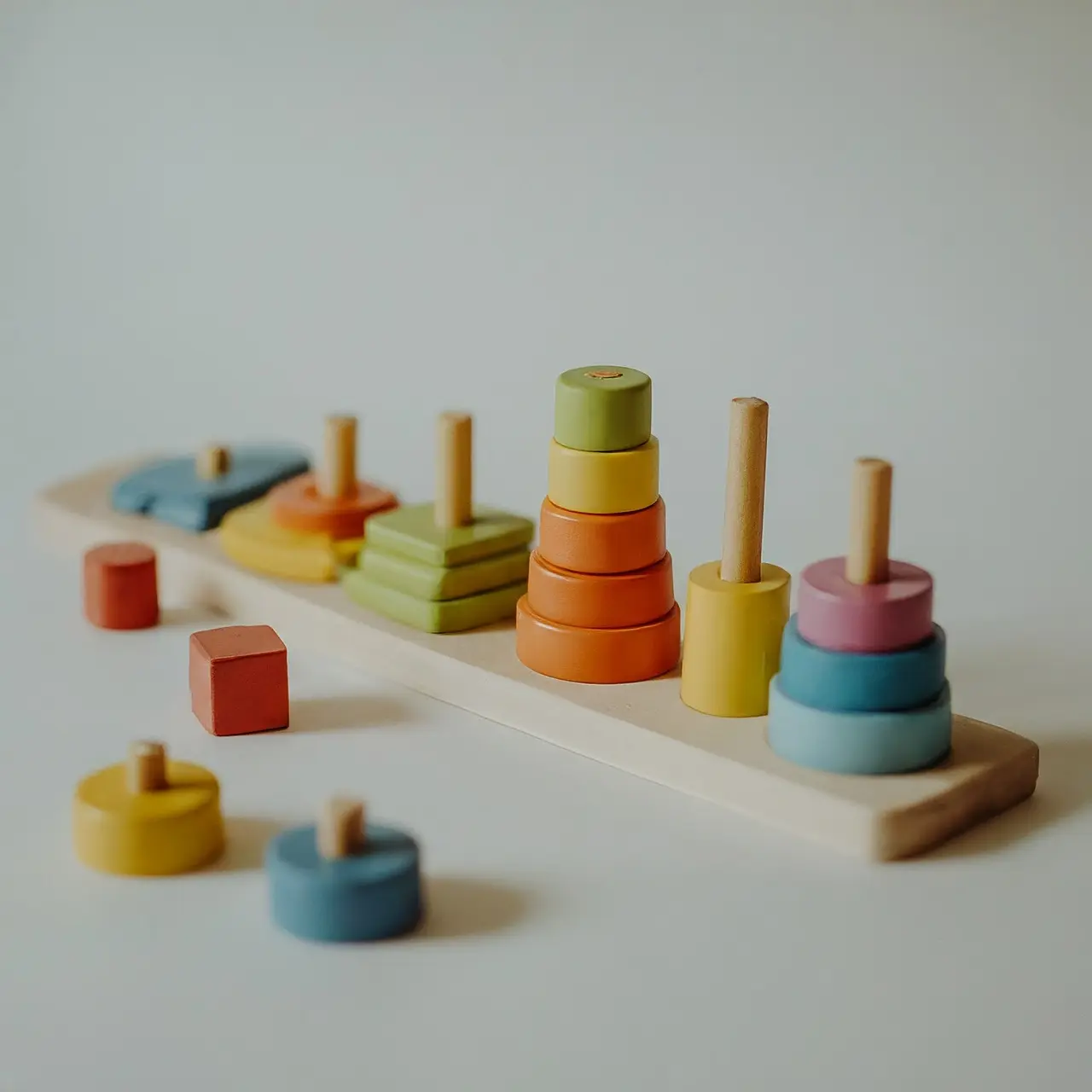 Colorful wooden Montessori toys arranged on a white background. 35mm stock photo