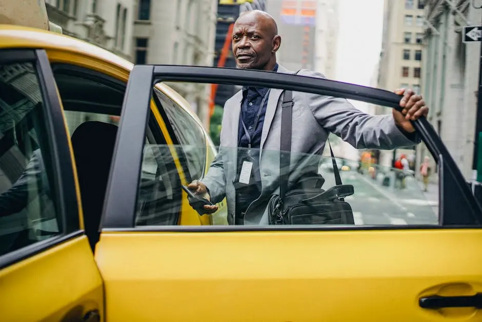 Black businessman opening taxi door in modern city