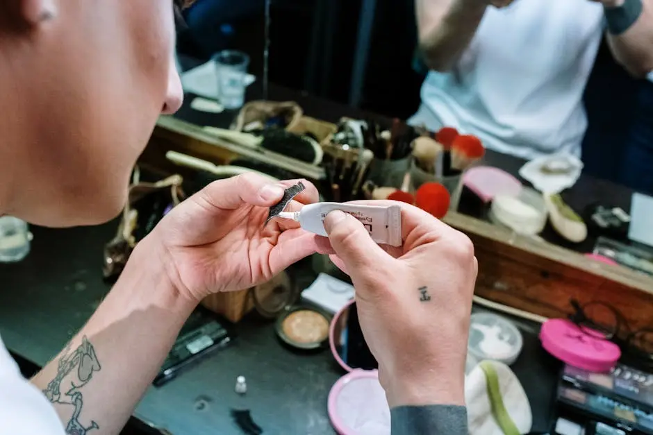 Close-up of hands applying false eyelashes with glue in a makeup room.