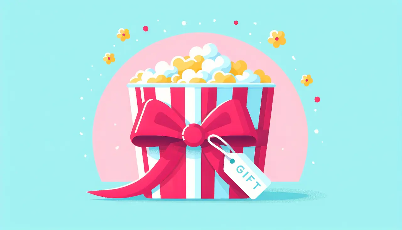 Draw a graphic in flat design style. A bucket of popcorn in bright colors, adorned with a ribbon, and a gift tag, set against a flat design background with subtle confetti.