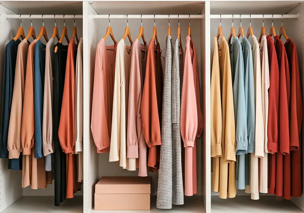 A neatly arranged closet showcasing diverse modest clothing styles. 35mm stock photo