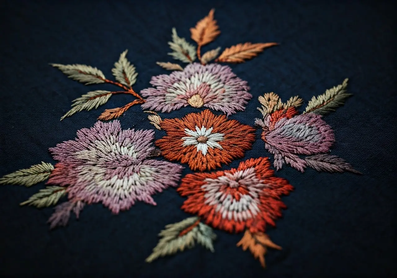 A close-up of a beautifully embroidered floral pattern on fabric. 35mm stock photo