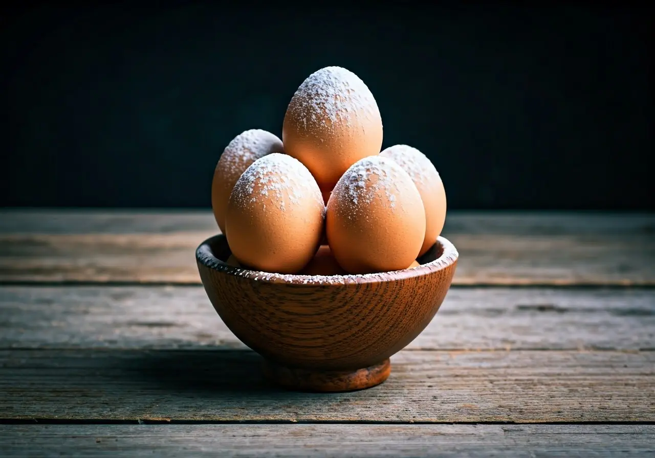 Hong Kong egglet with powdered sugar on a rustic table. 35mm stock photo