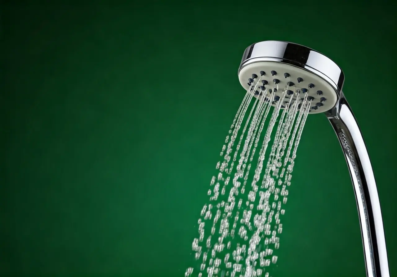 A water-efficient showerhead with droplets on a green background. 35mm stock photo