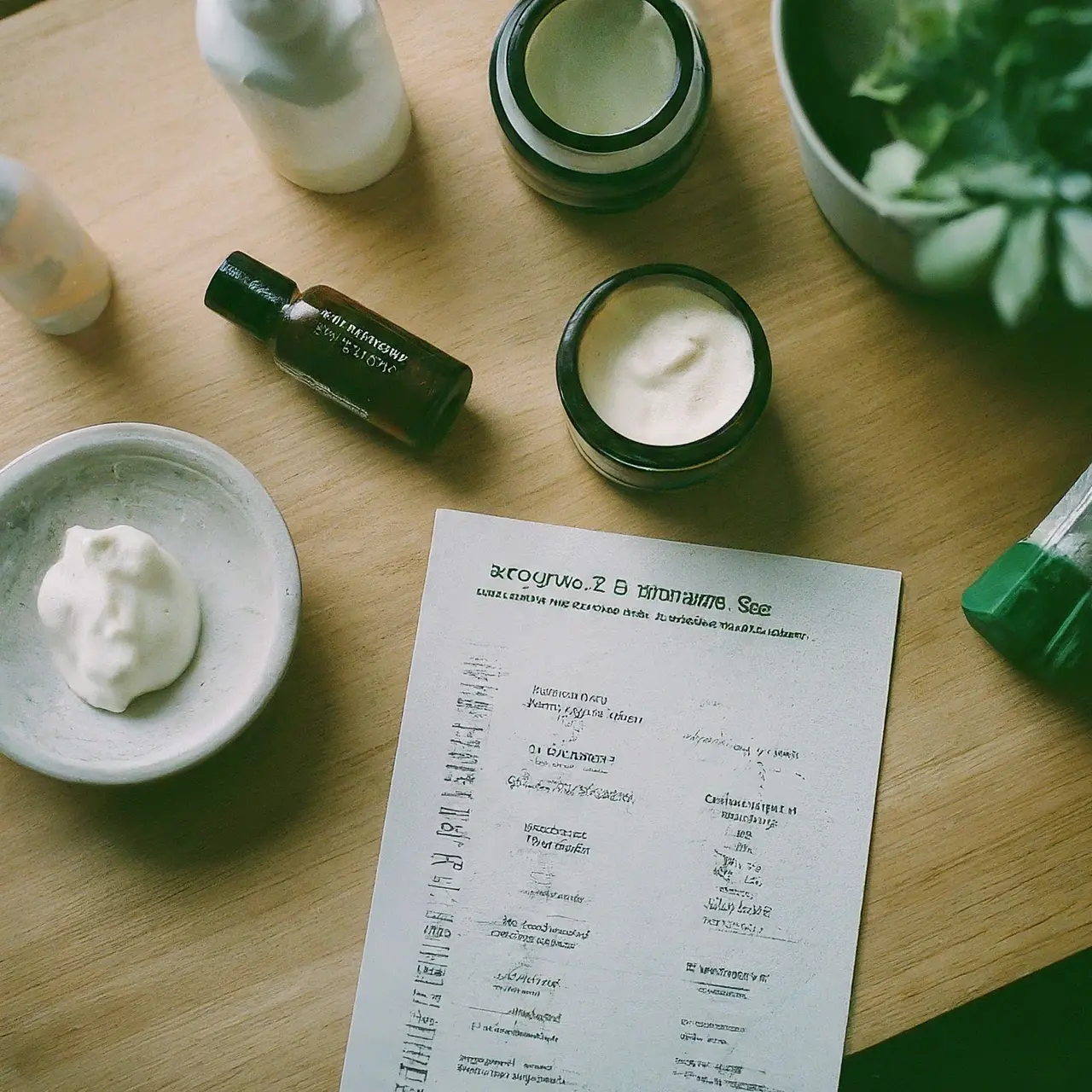 Array of skincare products and quiz results on a desk. 35mm stock photo