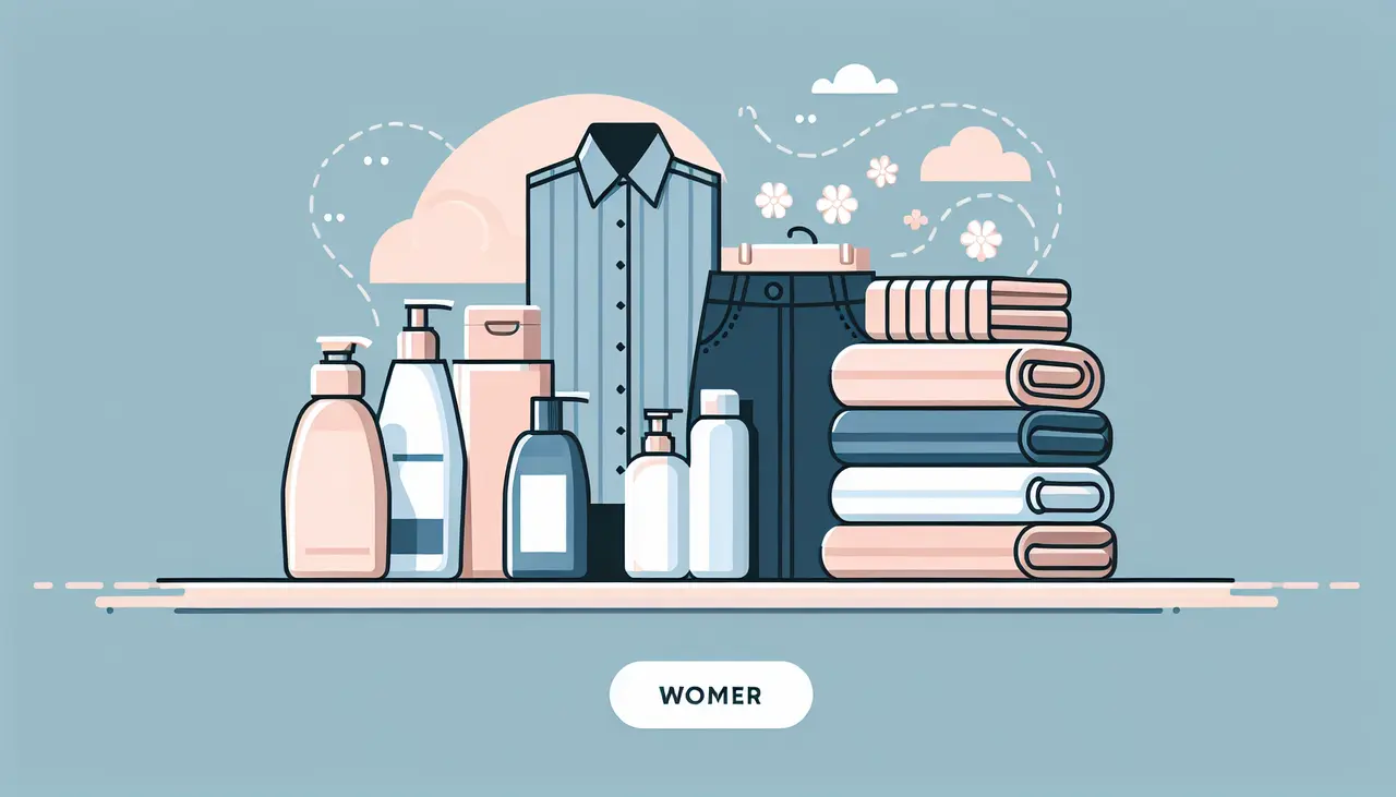 Draw a graphic in flat design style. A minimalist illustration of folded tailored women’s clothes neatly placed next to care products on a shelf.