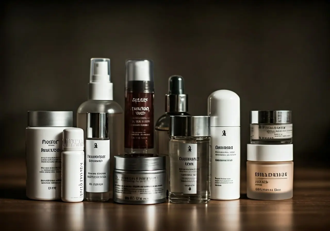 A collection of neatly arranged skincare products on a countertop. 35mm stock photo