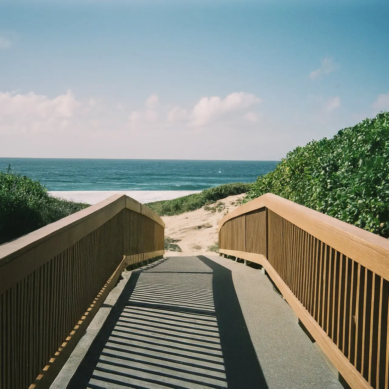 A wheelchair accessible beach pathway with scenic ocean view. 35mm stock photo