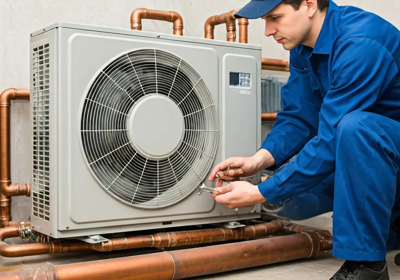 A heat pump being inspected by a technician with tools. 35mm stock photo