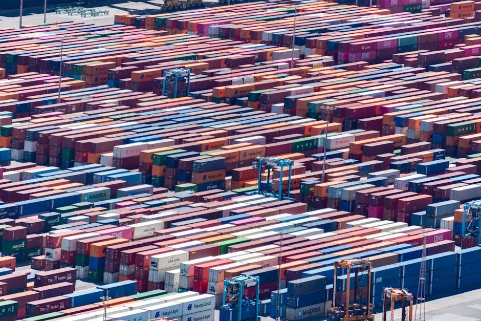 Aerial View of Containers and Machinery in a Port