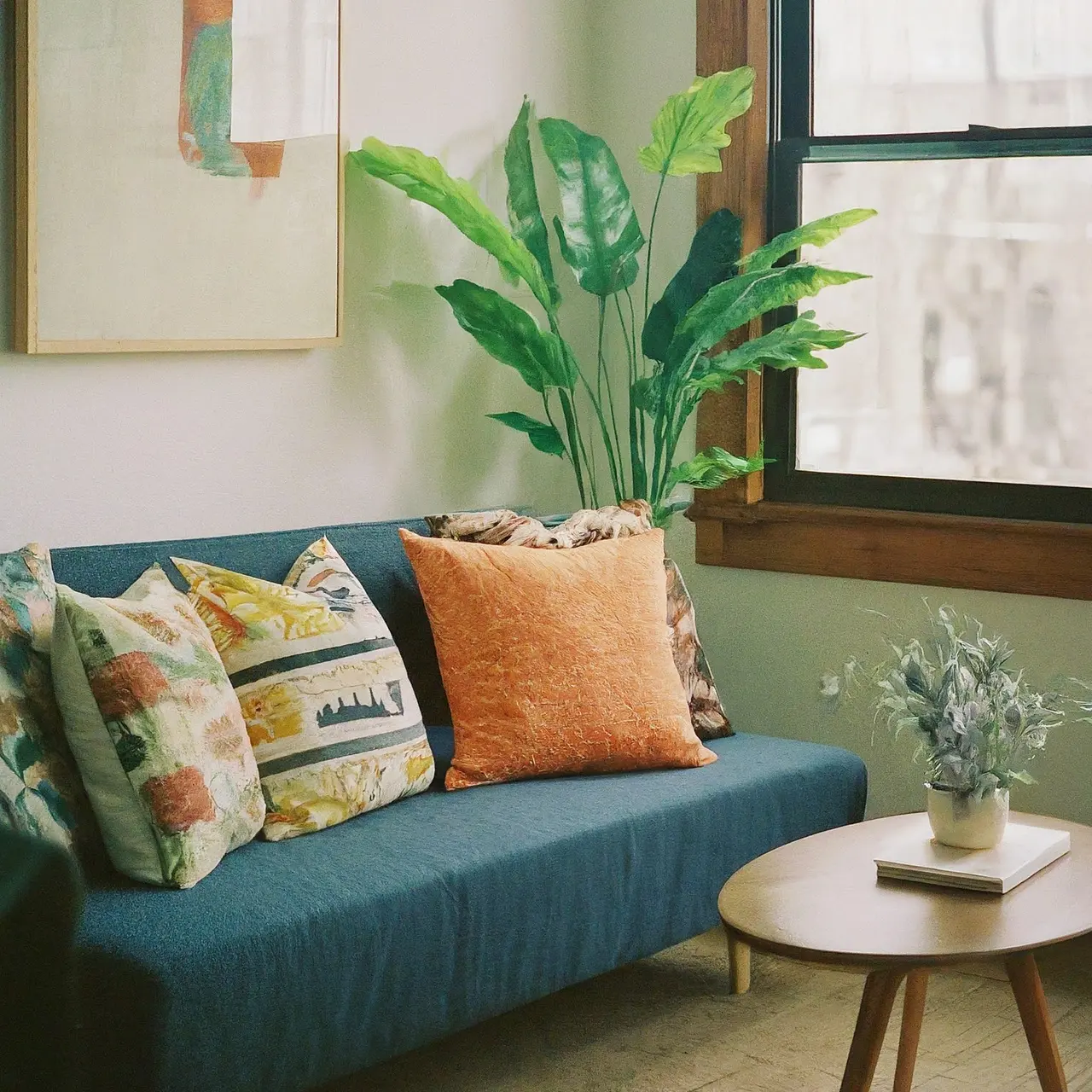 A cozy living room with colorful, patterned pillow covers. 35mm stock photo