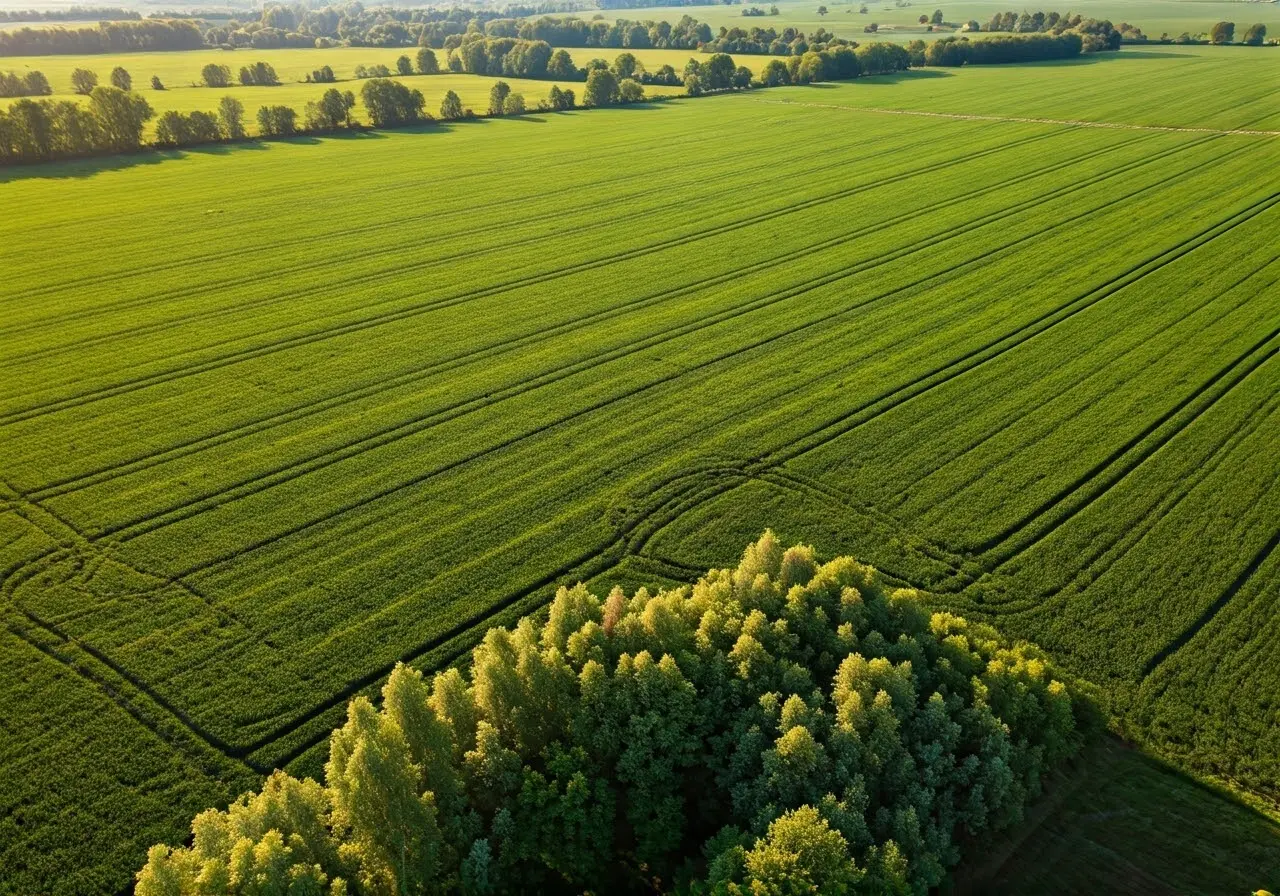 Aerial view of lush farmland with monitoring drones overhead. 35mm stock photo