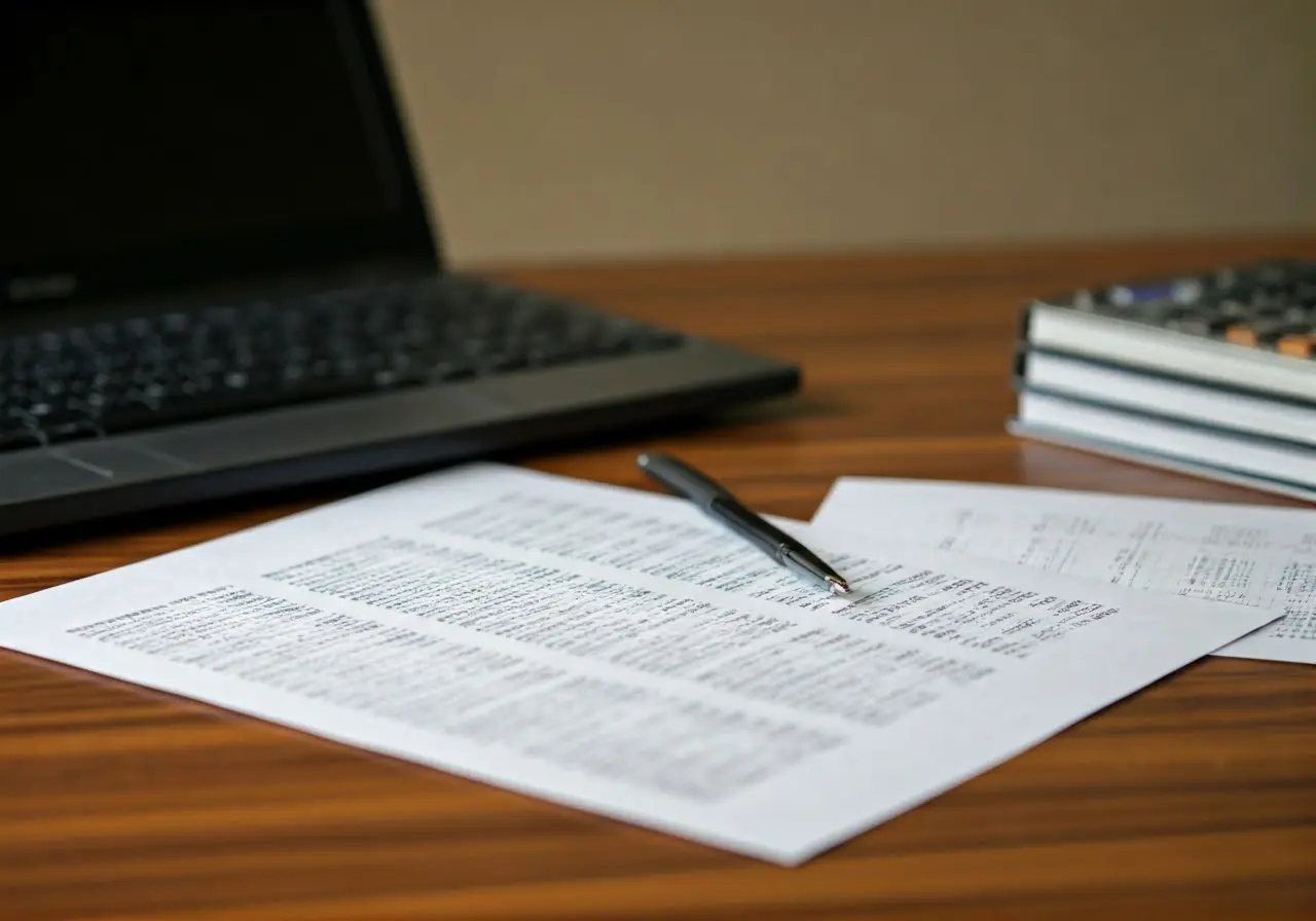 An office desk with financial documents and a calculator. 35mm stock photo