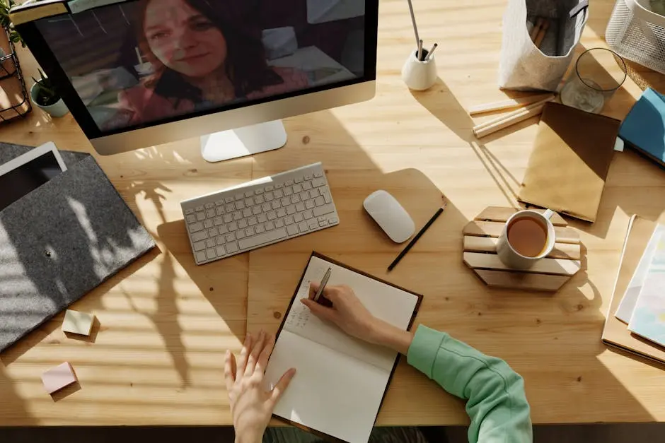 A student taking notes during a video call for online learning at home.