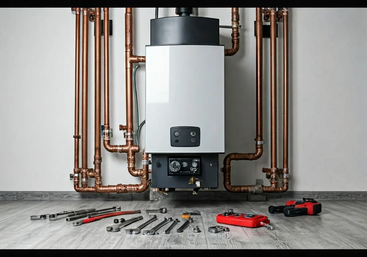 A boiler with tools for maintenance laid out nearby. 35mm stock photo