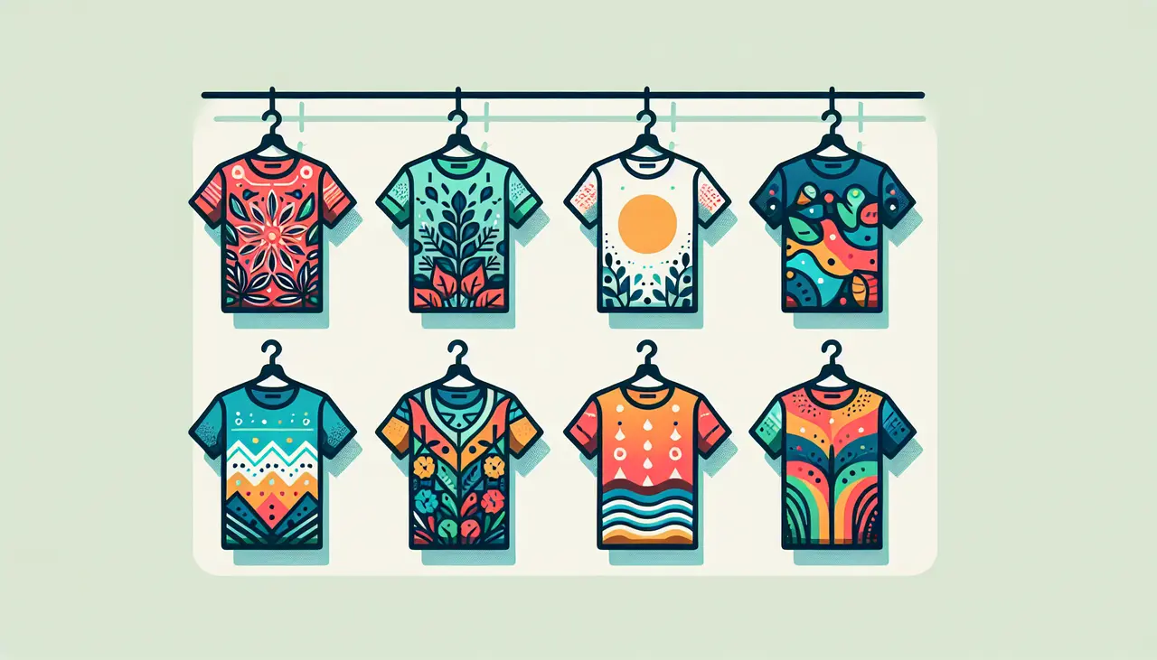 Draw a graphic in flat design style. A simple illustration of five colorful t-shirts on hangers in a row, each with a different cute design or pattern, on a plain white background.