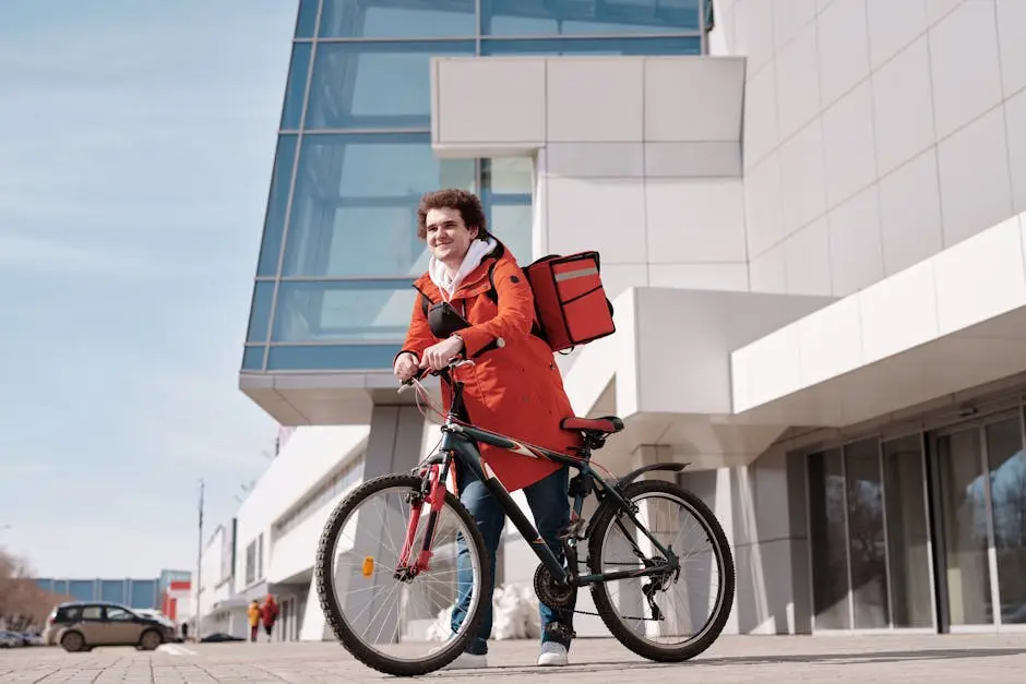 A delivery person on a bicycle with a thermal bag outside a modern building.