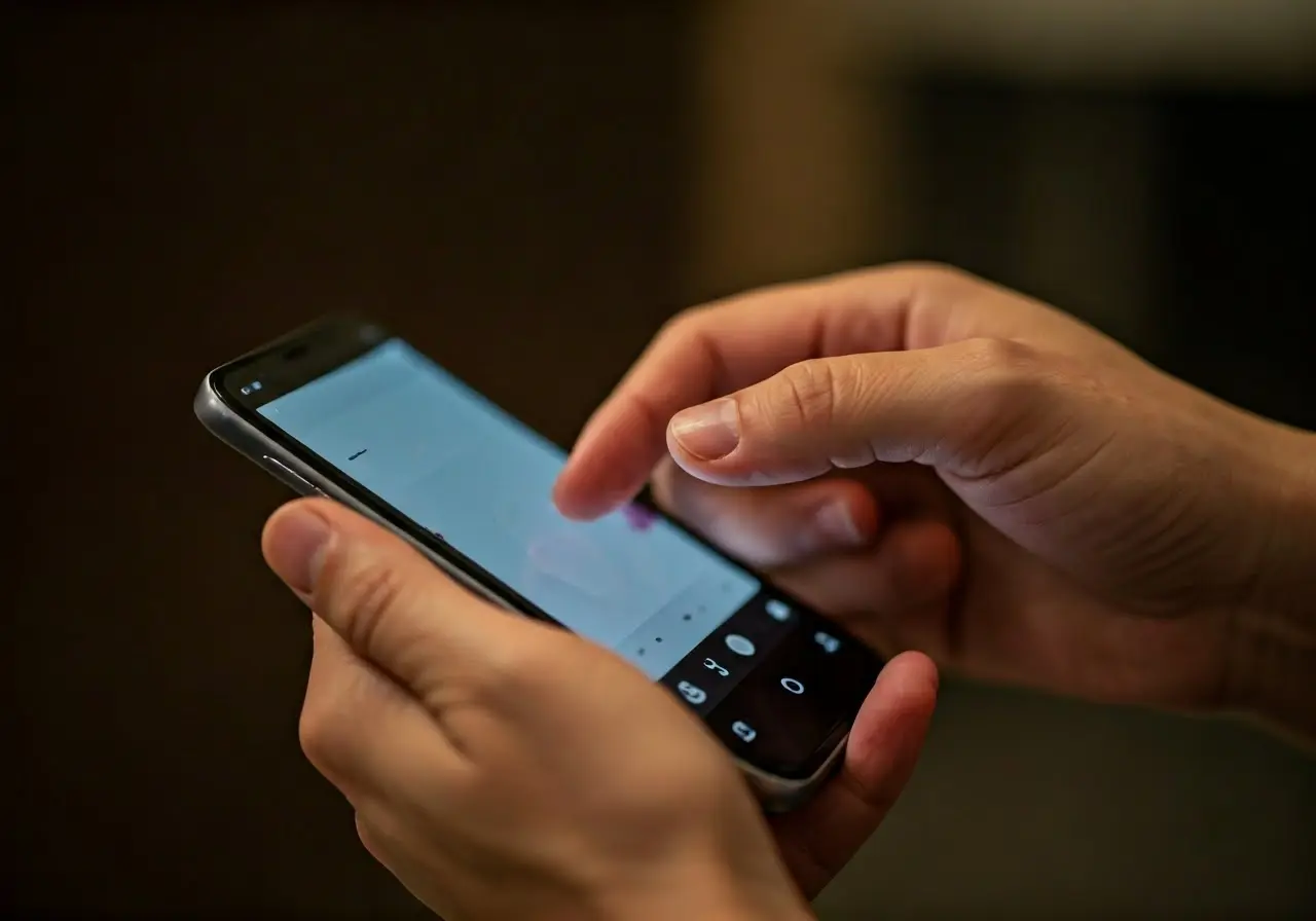 Close-up of a hand scrolling on a smartphone with Instagram. 35mm stock photo