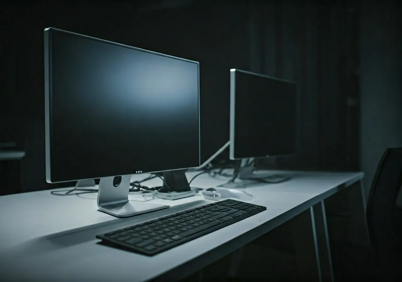 A modern office with computers and IT equipment. 35mm stock photo