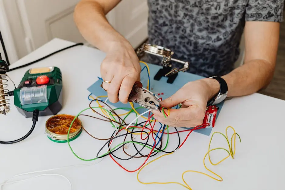 A technician precisely cuts and organizes colorful wires using pliers, showcasing expertise in wiring tasks.