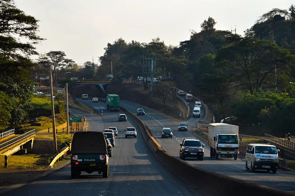 Dense traffic on a Nairobi highway surrounded by lush greenery during the day.