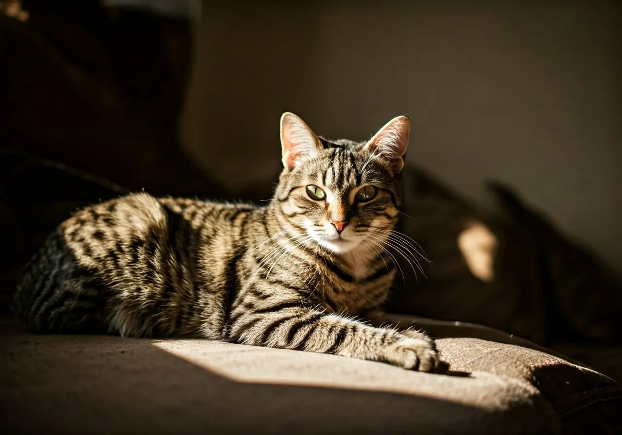 A relaxed cat lounging on a cozy couch in sunlight. 35mm stock photo