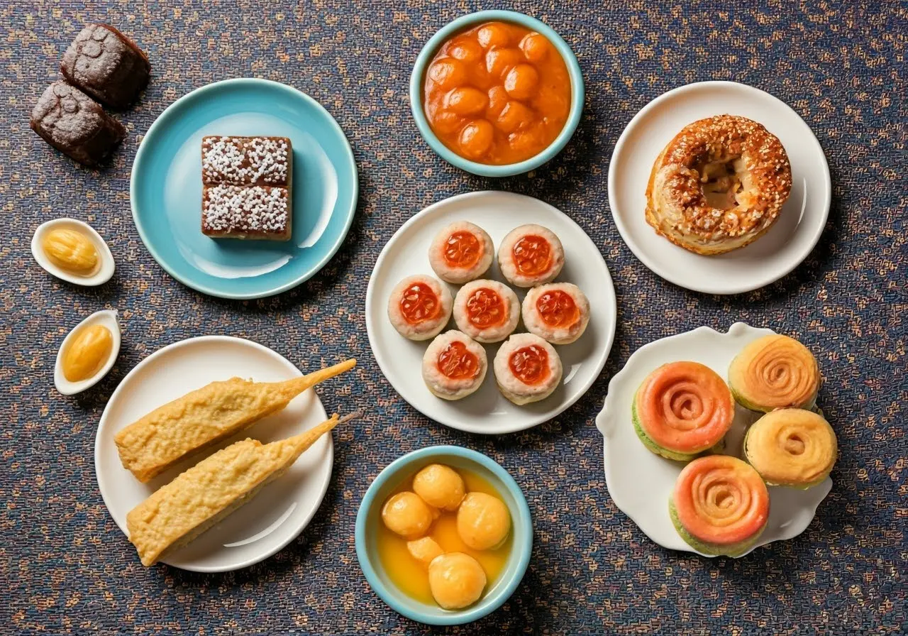 A variety of Hong Kong desserts arranged on a colorful table. 35mm stock photo