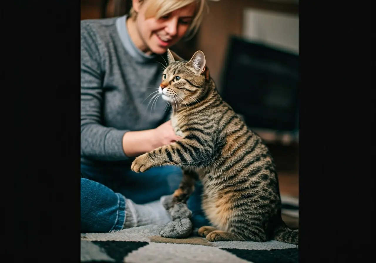 A cat sitter playing with a happy tabby cat. 35mm stock photo