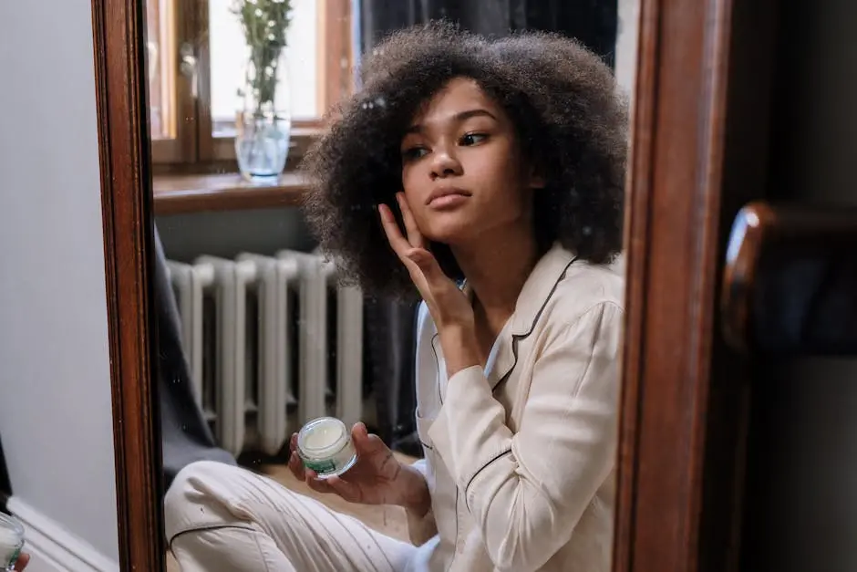 A woman applies skincare cream in a cozy home environment during her morning routine.