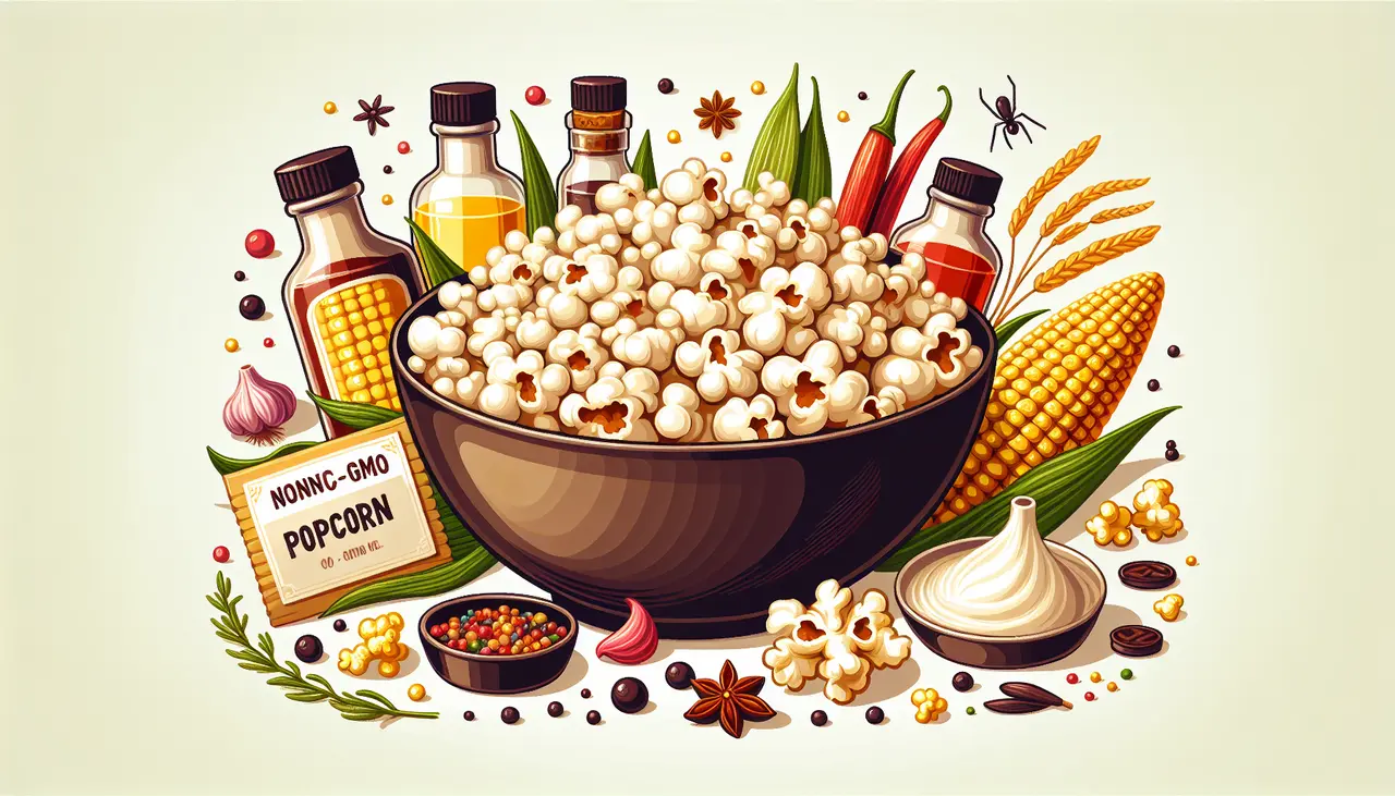 Draw a graphic in flat design style. A flat design illustration of a bowl of gourmet flavored popcorn made with non-GMO kernels, surrounded by a few popcorn cobs and flavoring ingredients.