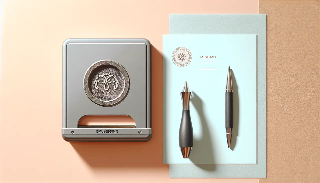 Draw a graphic in flat design style. A sleek embossing tool laying next to personalized stationery on a pastel background.